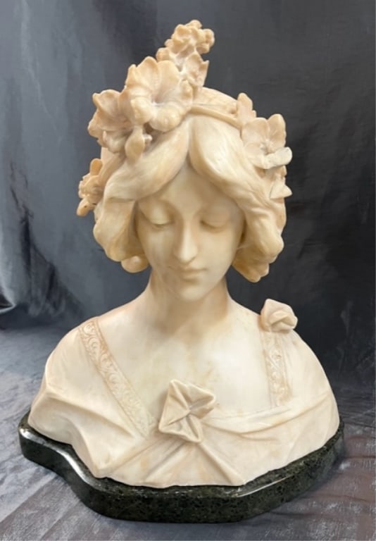 Signed Carved Alabaster Bust on Marble Base (1 of 13)