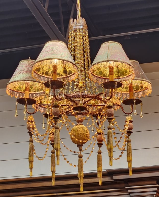 Frederick Cooper 6 Light Chandelier w/Amber Bead Accents: Frederick Cooper 6 light chandelier with amber bead accents. 6 Shades with beaded fringe. Tassel accents. Amber prisms. Approx. 39"H. Photos are considered part of the description and condition.