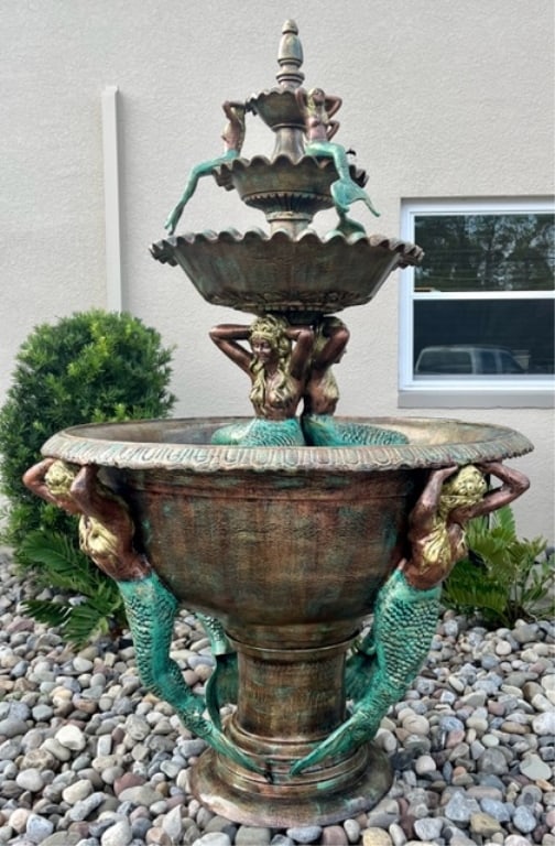 8' Mermaid Garden Fountain: 8' Mermaid garden fountain. Approx. 8'H. 5'W & 20"Deep basin. Photos are considered part of the description and condition.
