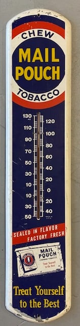 39" H Mail Pouch Chew Tobacco Metal Thermometer: 39"H Mail pouch Chew Tobacco Metal Thermometer. In good condition. Photos are considered part of the description and condition.