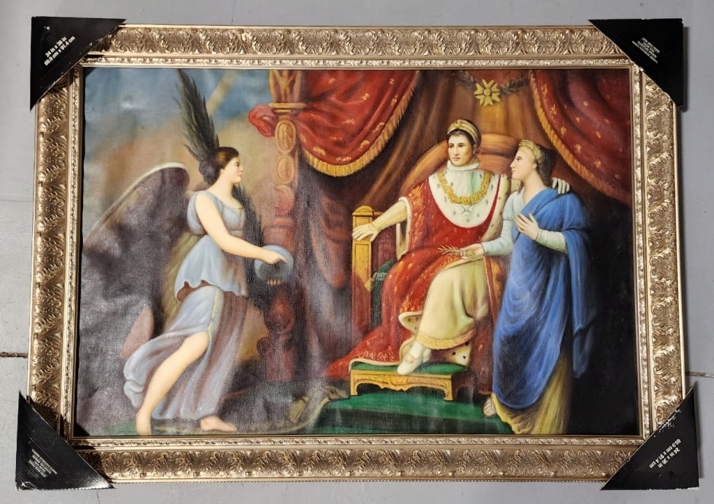 Framed Andrea Appiani Reproduction Painting: Framed Andrea Appiani Reproduction Painting. "Allegory on the Pace of Pressburg." Oil on Canvas. No Glass . Approx. 29.5"H x 41.5"W. Painting has not been examined out of frame. Photos are considered