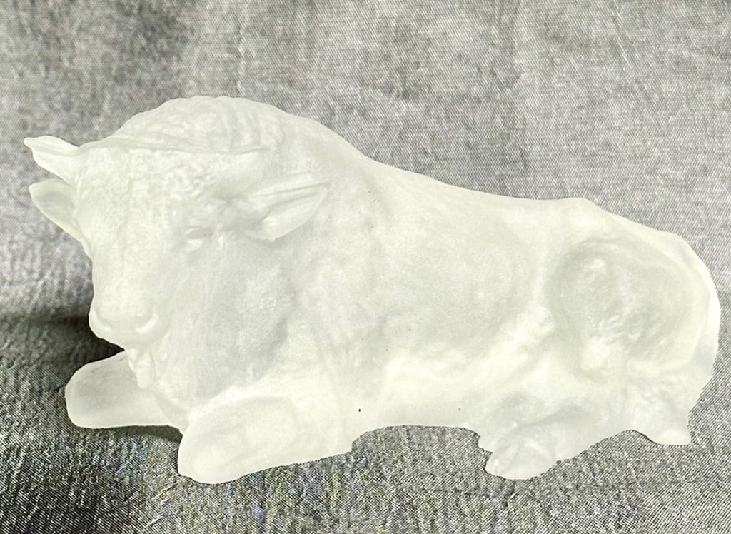 Signed Lalique Frosted Crystal Bull: Lalique signed frosted crystal bull. Approx. 3.25"L x 1.5"H. Photos are considered part of the description and condition. G-C16