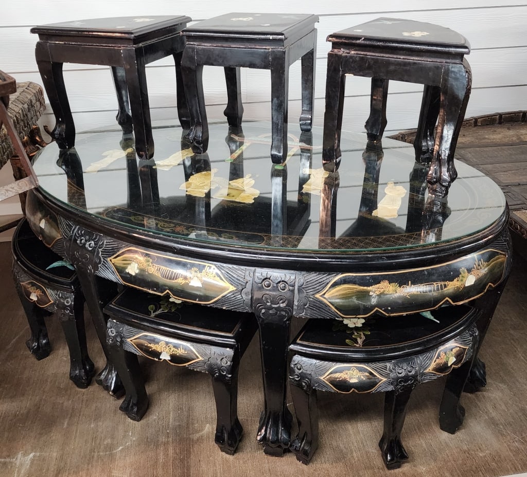 Asian Laquered Coffee Table w/6 Nesting Stools (1 of 6)
