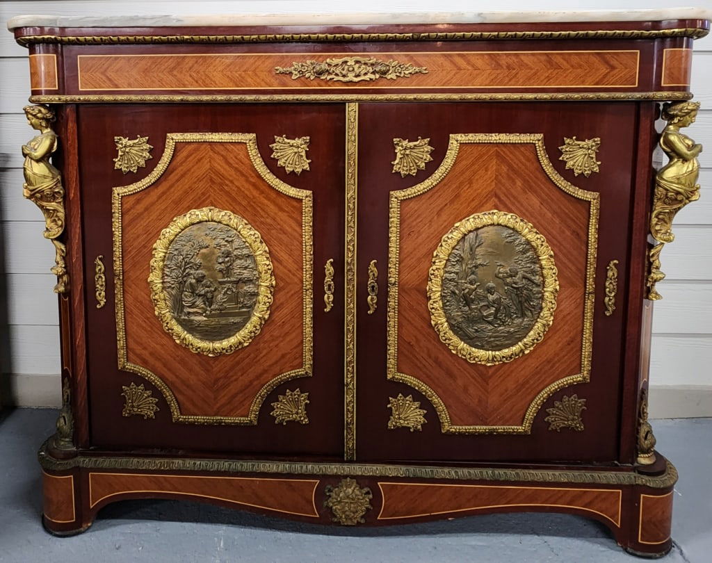 Napoleon Style Marble Top Two-Tone Inlaid 2  Door Cabinet (1 of 7)