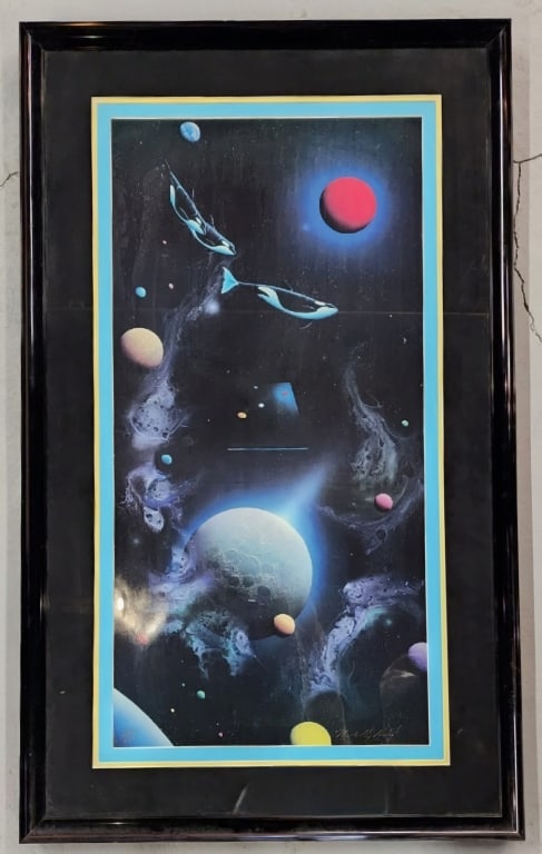 Signed David Ward "Orcas in Space" Lithograph: Signed and Numbered David Ward "Orcas in Space" Lithograph. 220/450. Approx. 44.5"H x 27"W. Photos Are Considered Part Of The Description And Condition. R.