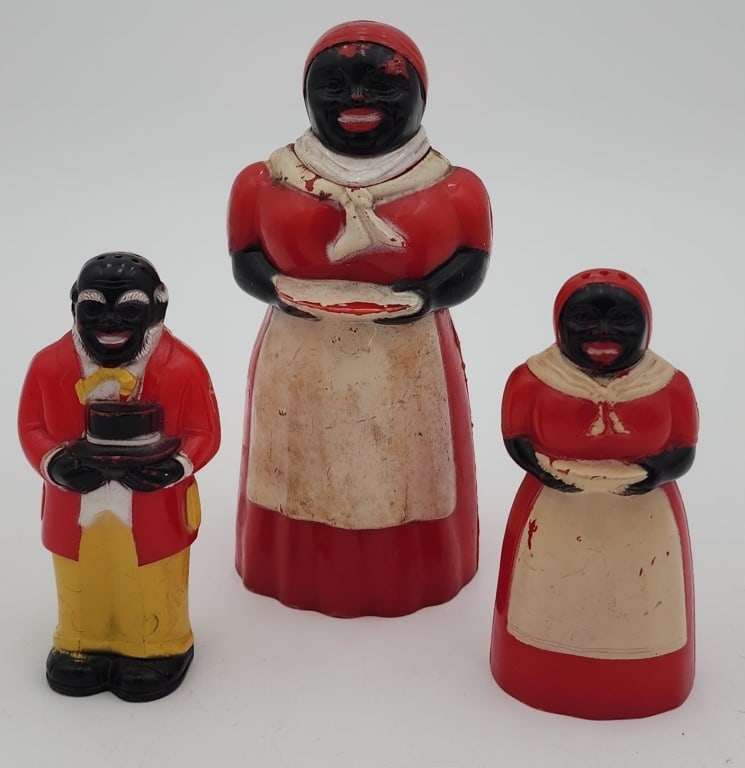 3 Pcs Vintage Mammy & Uncle Moses Collectibles: 3 Piece Vintage Mammy & Uncle Moses Collectibles Vintage Mammy & Uncle Moses Salt & Pepper & Syrup Dispenser. Sizes Vary From 3.5" to 5" High.F&F Mold & Die Works, Dayton, OH USA Photos Are Considered