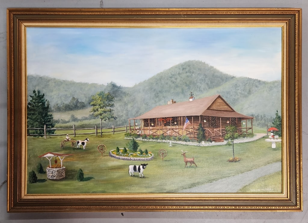 Framed & Signed Oil Painting on Canvas: Framed & Signed Oil Painting on Canvas. Farmhouse/Cabin Landscape Scene. Signed Willie Morgan. Approx. 28"H x 40.5"W. Painting has not been examined out of frame.Photos Are Considered Part Of The Desc