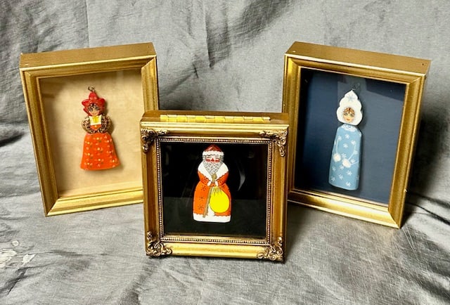 3 Vintage Signed Russian Wood Ornaments in Frames (1 of 16)
