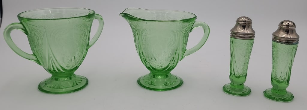 Collection of Vintage 1940's Uranium Glass: Collection of 1940's Uranium Glass. *Sugar and Creamer. Approx. 4.25"H. *Salt and Pepper Shakers. Approx. 4.5"H. Photos Are Considered Part Of The Description And Condition.