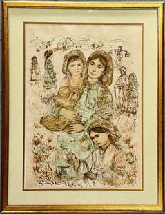 Signed Edna Hibel "Family in the Field" Litho: Signed and Numbered Edna Hibel "Family in the Field" Lithograph on rice paper. Frame corners rough. Approx. 41"H x 32"W. Photos Are Considered Part Of The Description And Condition. R.