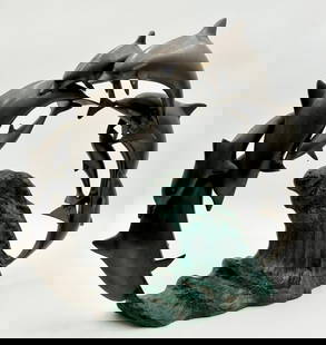 Pod of Leaping Dolphins Bronze Sculpture: Pod of Leaping Dolphins Bronze Sculpture. Approx. 18.5"H X 22.25"W. In great condition - showing little patina. Photos Are Considered Part Of The Description And Condition.