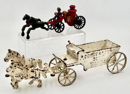 Pair of Cast Iron Horse Drawn Wagons: Pair of Cast Iron Horse Drawn Wagons. *Cast Iron Horse Drawn Contractor's Dump Wagon. Missing Driver. Some Rust/wear. Approx. 14"l X 3"w. *Vintage cast iron horse drawn "Fire Pumper". Approx. 3"H x