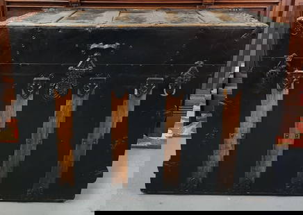 Vintage Wood & Metal Steamer Trunk w/ Leather Handles: Vintage Wood & Metal Steamer Trunk with Leather Handles - one needs repair. Approx. 25"H x 34"W x 21"D. Photos Are Considered Part Of The Description And Condition.