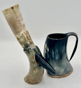 Viking Horn Mug and Drinking Horn w/ Stand: Viking horn mug and drinking horn with stand. Black and grey Viking horn mug with wooden bottom. Approx. 7"H. Drinking Horn with stand.Drinking Horn - Approx. 10.5L. Stand - Approx. 5.5"H.Photos are
