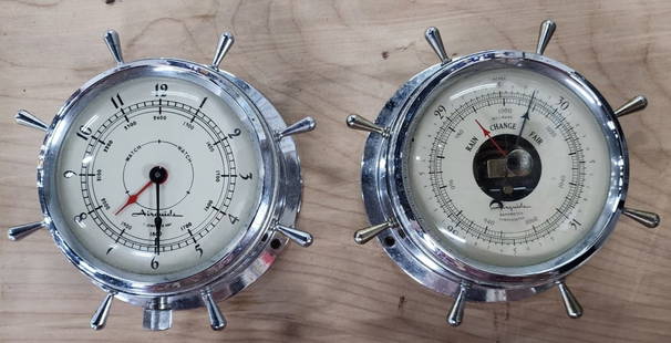 Vintage Airguide Nautical Barometer & Clock: Vintage Airguide Nautical Barometer and Clock. Both approx. 6" diameter. Marked P4592. Clock in working condition - unsure of barometer. Photos Are Considered Part Of The Description And Condition.
