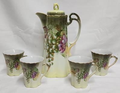 Vintage Hand Painted Bavarian Chocolate Pot Set: Vintage Hand Painted Bavarian Chocolate Pot Set. Signed. Includes Chocolate Pot and 4 Mugs. Grape Pattern. In great condition - no chips, cracks or knicks. Photos Are Considered Part Of The