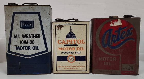 Collection of 3 Vintage Motor Oil Cans: Collection of 3 Vintage Motor Oil Cans. *Capitol Motor Oil. *Artex Motor Oil. *Sears Motor Oil. Photos Are Considered Part Of The Description and Condition.
