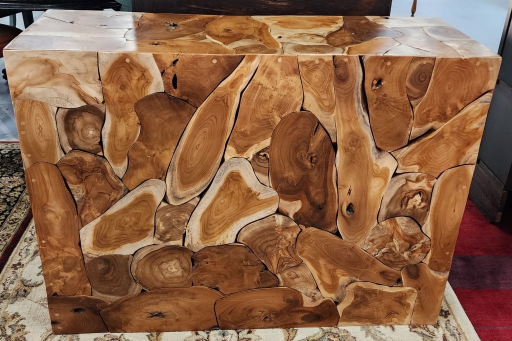 Organic Teak Console/Entry Table: Organic Teak Console/Entry Table/ Approx. 35"H x 37"W x 15.5"D. Photos Are Considered Part Of The Description And Condition. 205-2.