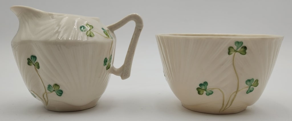 Vintage Belleek Harp Shamrock Creamer & Sugar (1 of 6)