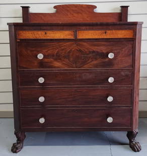 Vintage Empire Stepback Mahogany Chest of Drawers: Vintage Empire Stepback Mahogany Chest of Drawer. 6 Drawers. Carved Claw Feet. Dovetail drawers. Approx. 55"H x 48"W x 21"D. Photos Are Considered Part Of The Description And Condition. 114-10.