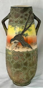 Beautiful Hand Painted Nippon Style Handled Vase: Beautiful Hand Painted Nippon Style Handled Vase. Birds have small chips. Approx. 15.5"H. Photos Are Considered Part Of The Description and Condition.