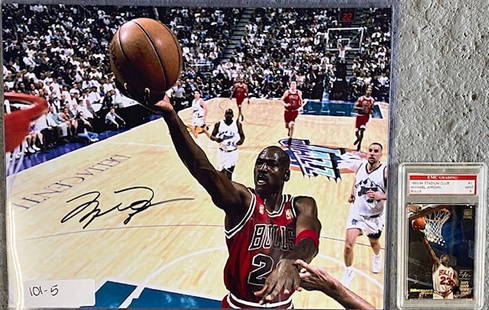 Michael Jordon Collector Card & Signed Picture: Michael Jordan Collector Card & Signed Picture. *Graded Collector Card in Protective Case. *Signed 11" X 14" Picture with Paperwork in protective sleeve. Berner's does not guarantee authenticity of