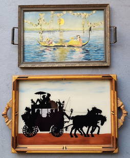 2 Vintage Glass Top Serving Tray: 2 Vintage Glass Top Serving Trays. *Silhouette Stagecoach. Approx. 14"h x 25"W. *Gondola Full Moon. Approx. 12"H x 20"W. Photos Are Considered Part Of The Description And Condition.