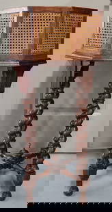 Vintage Oak and Cane Jardiniere: Vintage Oak and Cane Jardiniere/Planter. Barley Twist Legs. Metal Liner. Approx. 33"H x 18" diameter. Photos Are Considered Part Of The Description And Condition.