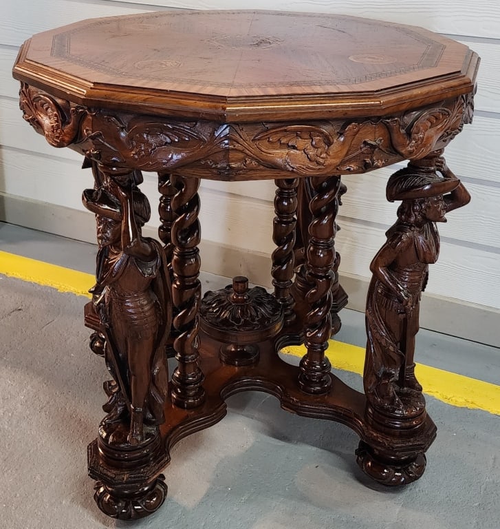 Vintage Figural Carved Inlaid Table (1 of 11)
