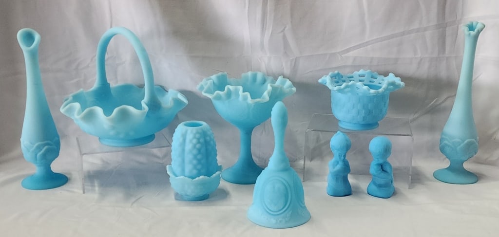 Collection of Blue Satin Milk Glass - some Fenton (1 of 6)