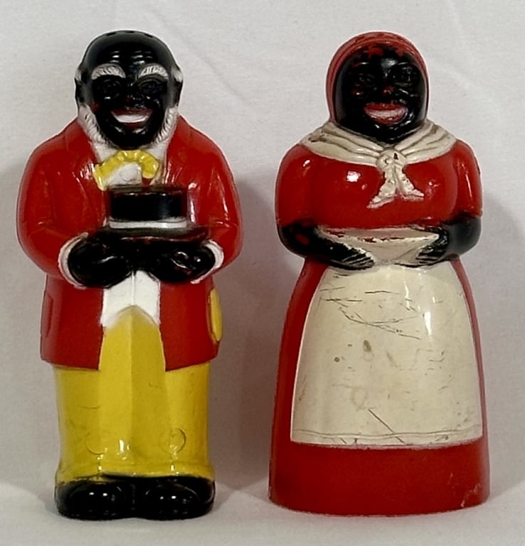 Aunt Jemima & Uncle Moses Salt & Pepper Shakers: Aunt Jemima and Uncle Moses Salt and Pepper Shakers. Vintage F&F Mold Die Works. Approx. 3.5"H. Photos Are Considered Part Of The Description And Condition.