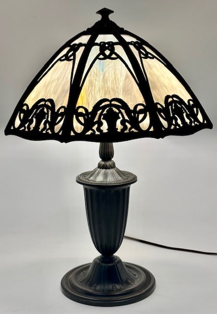 Signed Bradley & Hubbard Slag Glass & Brass Lamp (1 of 10)