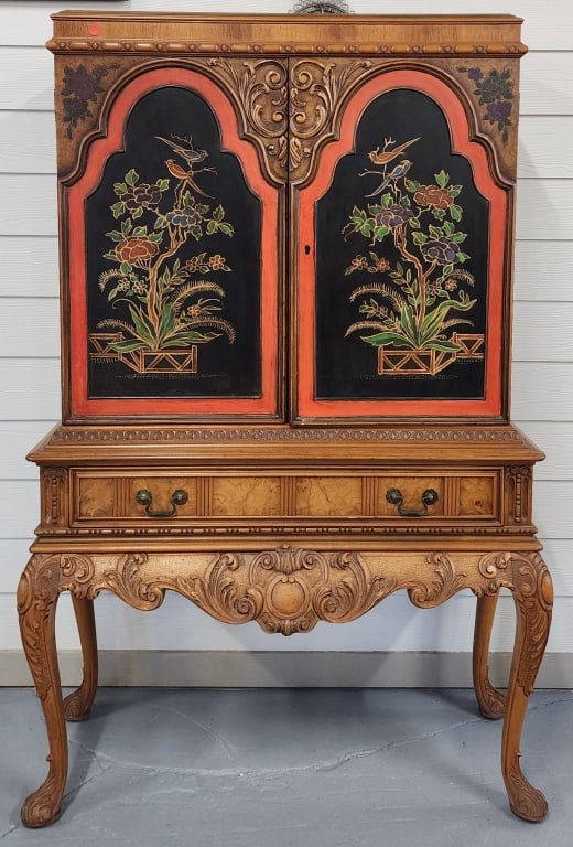 Vintage Berkley & Gay Hand Painted Hutch: Vintage Berkley & Gay Hand Painted Hutch. Beautifully Carved Accents. Has 1 Drawer. Has Key. Approx. 64"H x 41"W x 18"D. Photos Are Considered Part Of The Description And Condition. R.