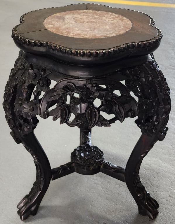 Vintage Asian Carved Rosewood Marble Top Table (1 of 7)