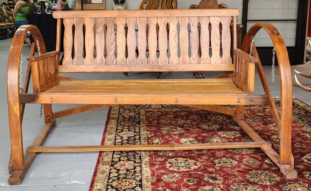 Vintage Suspended Wood Rocking Swing: Vintage Suspended Wood Rocking Swing. Approx. 33.5"H x 60"W x 38"D. Photos Are Considered Part Of The Description And Condition. 807