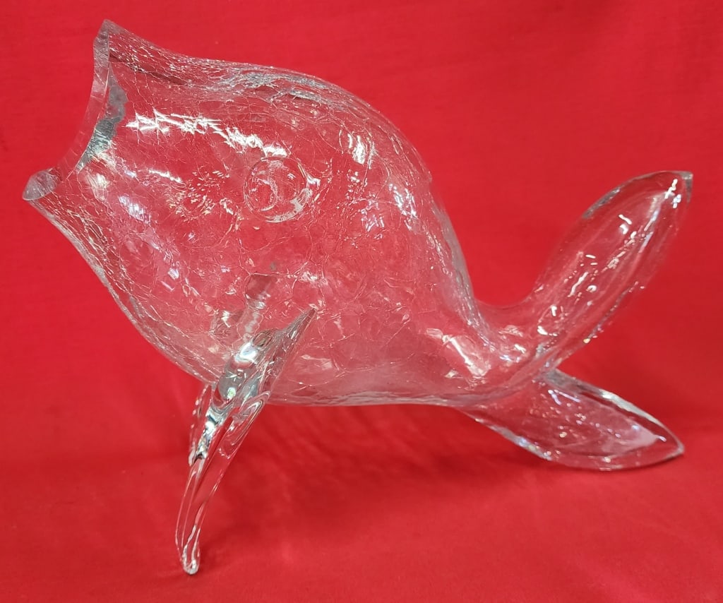 Large Benko Style Crackle Glass Fish Vase/Bowl