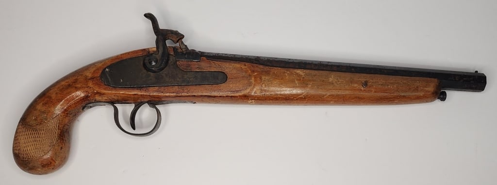 Vintage Black Powder Muzzle Ladder Pistol: Vintage Black Powder Muzzle Ladder Pistol. Marked C-28 JB Serial #24593. 50 caliber. Approx. 18"L. Please ask any questions before bidding. Photos are considered part of the description and condition.