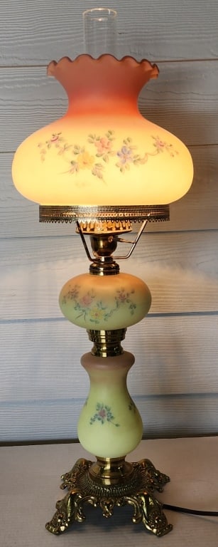 Signed Hand Painted Fenton Hurricane Lamp (1 of 7)