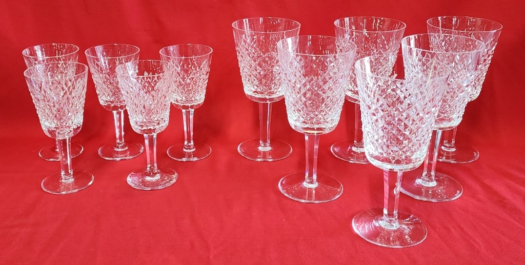 Waterford "Alana" 13pc Crystal Stemware Set: Waterford "Alana" 13 piece crystal stemware set. (6) 7" Wine glasses and (5) 5.5" sherry glasses. Photos are considered part of the description and condition.