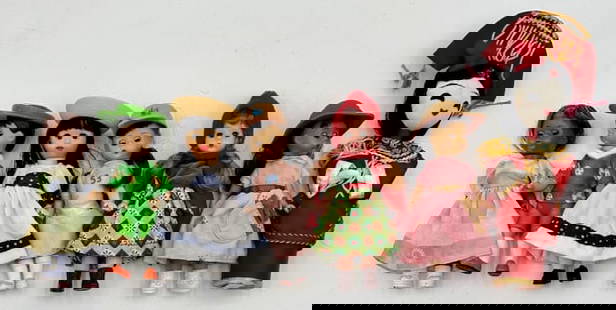 Collection of (7) Mini Dolls: Collection of (7) mini dolls featuring: (6) Alexander Doll Company McDonald's happy meal toys in fair condition approx. 4.5"-5" Height. (1) Vintage handmade Asian girl doll made in Taiwan approx.