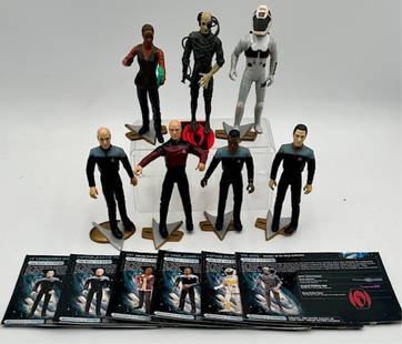 Collection of (7) Star Trek Action Figures: Collection of (7) Star Trek action figures based upon Star Trek movie. Action figures do not have original packaging, only background information cards. Some have smaller accessory pieces but not