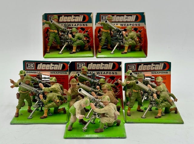 9pc Collection Britains Deetail 75mm Gun: 9pc collection of Britains Deetail 75mm Gun combat weapon. 5 include original packaging(some sides missing) and ammo. 4 without original packaging or ammo. All in used condition. Photos Are Considered