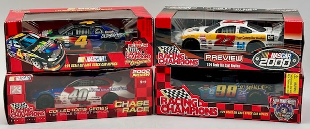 NASCAR Die-cast Car (4) Piece Set: NASCAR die-cast car (4) piece set new in box: Racing Champions: 50th anniversary Racing Champions 1998 #98, 10 year anniversary "The Originals" #4, Racing Champions "Chase the Race" collector series 2