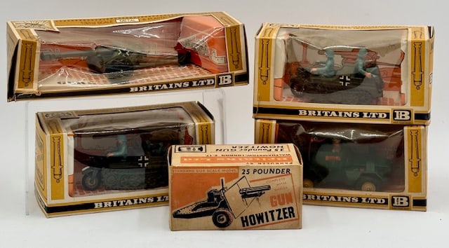 5pc Britains Ltd. Cars & Weapons: Assorted Britains cars and weapons include (2) #9780 Half Track Scout Car, (1) #9781 British Scout Car, (1) 9732 German Field Gun , & (1) #9705 25 Pounder Gun Howitzer. All boxes heavily worn and dama