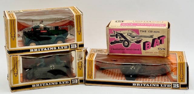 4pc Britains Ltd. Cars & Weapons: 4pc collection of Britains Ltd. includes (1) 9780 Half Track Motorcycle, (1) 9781 British Scout Car, (1) 9720 The 120 m/m Bat Gun, & #9732 German Filed Gun Pak .38. All boxes have damage and imperfect