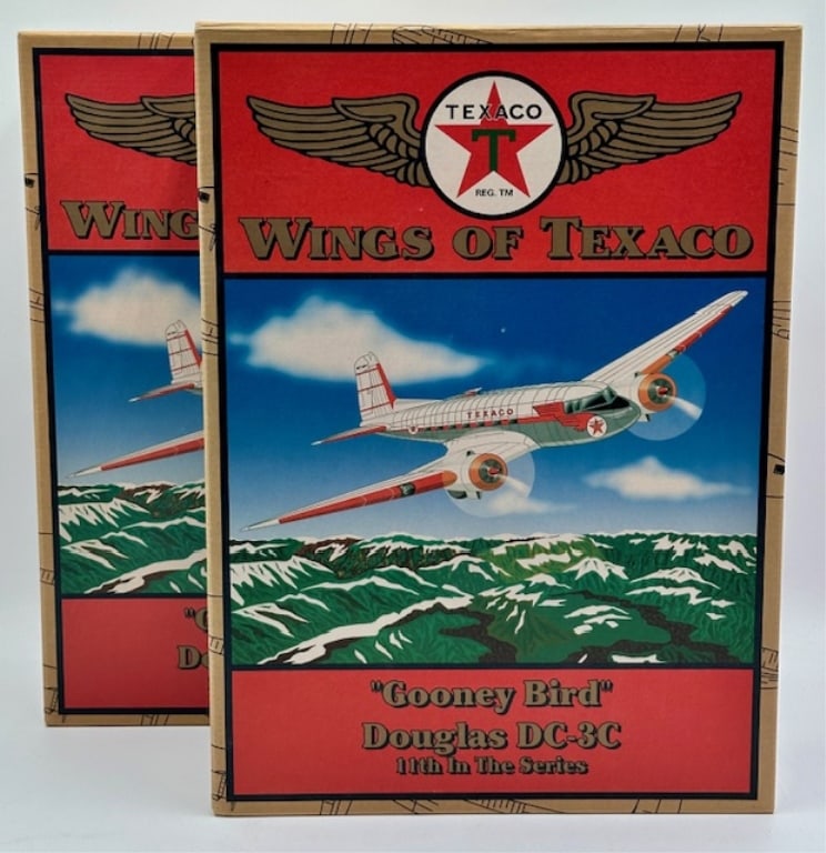 Pair of Texaco "Gooney Bird": Pair of new in box Texaco Wings of Texaco "Gooney Bird" Douglas DC-3C 11th in series. Opened one for photo purposes. Photos Are Considered Part Of The Condition And Description.