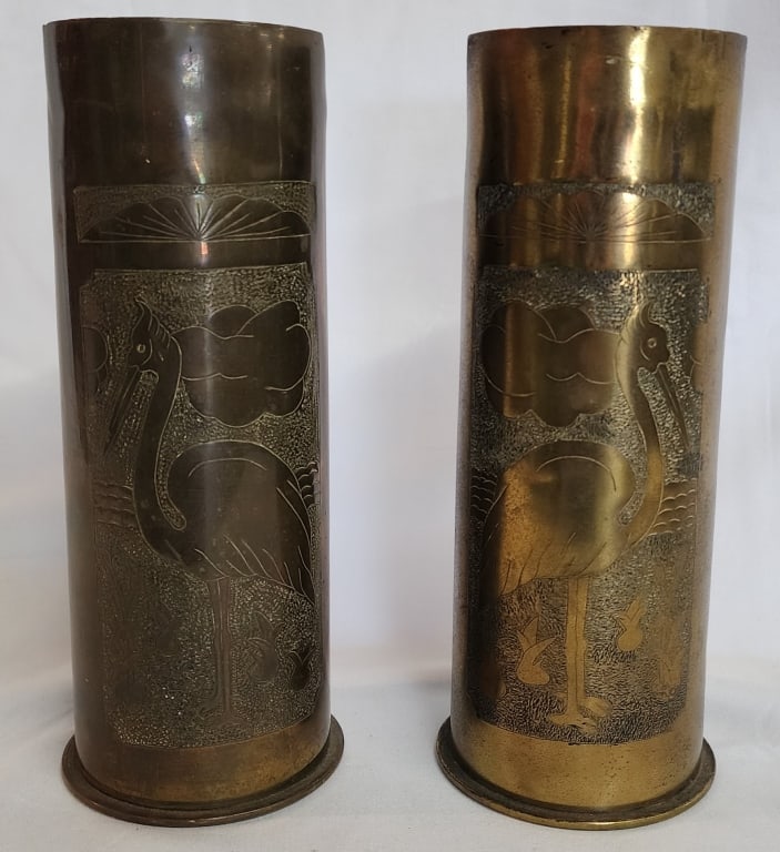 Par of Trench Art Vases With Bird Design: Pair of trench art vases with bird design. Approx. 9"H. One marked OKT 1917 GFSP. One marked 67% CU ST 82 18. Photos are considered part of the description and condition. 610-3
