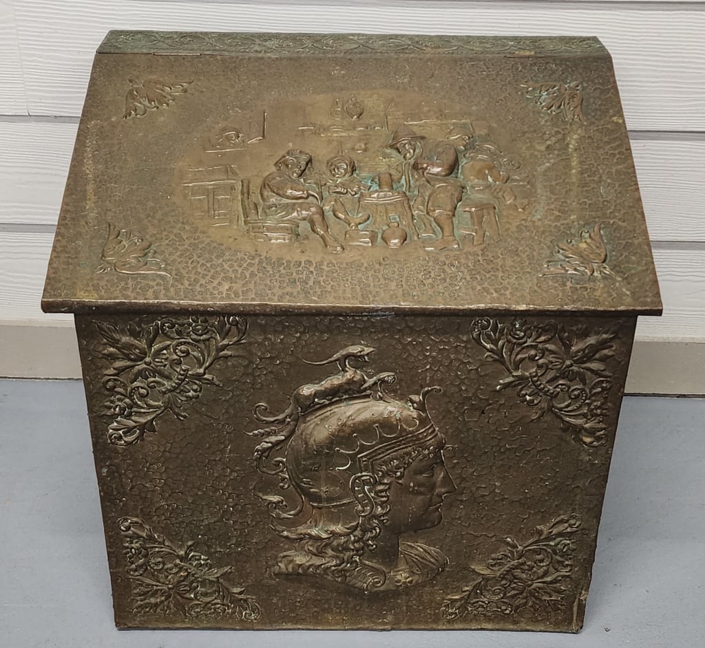 Antique Brass and Wood High Relief Kindling Box (1 of 7)