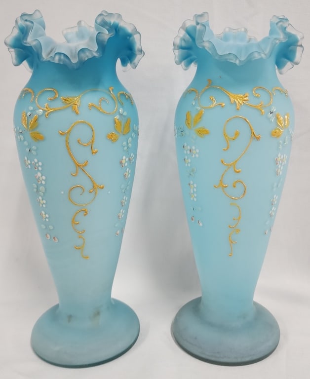 Pr. of Vintage Hand Blown Hand Painted Satin Vases (1 of 8)