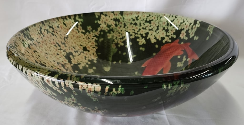 Fontaine Koi and Lilies Glass Vessel Sink: Fontaine Koi and Lilies Glass Vessel Sink. Approx. 5.75"H x 16" diameter. Some light scratches. Photos are considered part of the description and condition. 114-6